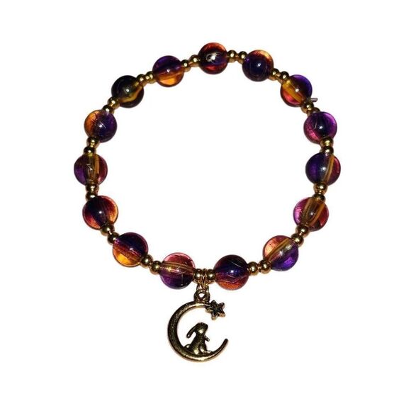 Handmade Beaded Gold Moon Bunny Stretch Bracelet - Picture 1 of 2